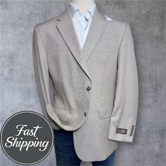 NEW Jos A Bank Men’s Blazer 44R Tan Wool Cotton Sport Coat Jacket Two Button - Picture 1 of 14